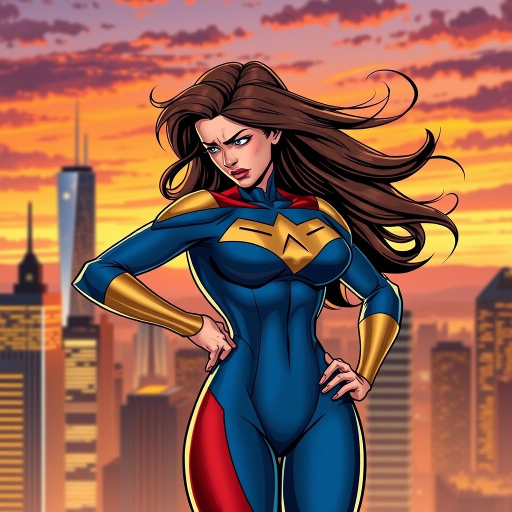 An illustration of Ultrawoman, a powerful and heroic female superhero, depicted with a distressed expression as she experiences a stomach ache