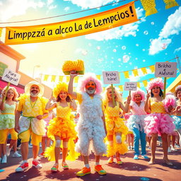 A vibrant and colorful carnival scene depicting a playful and creative interpretation of the 'Bloco dos Limpinhos', celebrating purity and hygiene