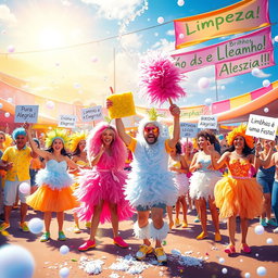 A vibrant and colorful carnival scene depicting a playful and creative interpretation of the 'Bloco dos Limpinhos', celebrating purity and hygiene