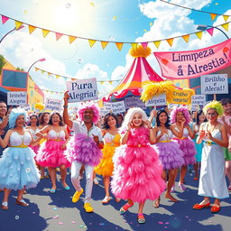 A vibrant and colorful carnival scene depicting a playful and creative interpretation of the 'Bloco dos Limpinhos', celebrating purity and hygiene