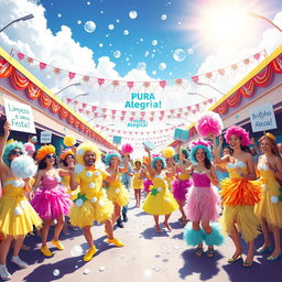 A vibrant and colorful carnival scene depicting a playful and creative interpretation of the 'Bloco dos Limpinhos', celebrating purity and hygiene