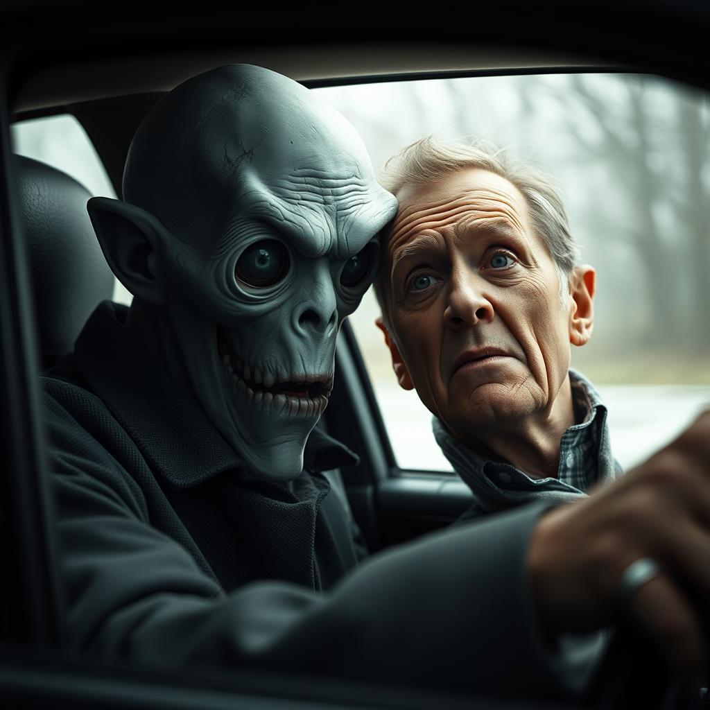 A tall, thin, pale figure with deep hollow eyes and a stitched mouth whispering through the car window into the ear of a middle-aged man
