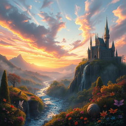 A beautifully detailed fantasy landscape featuring a majestic ancient castle atop a cliff overlooking a shimmering enchanted forest, with a vibrant sunset casting warm hues across the sky