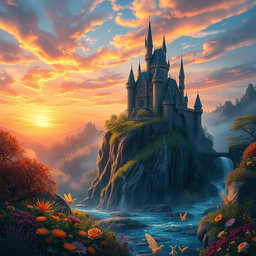 A beautifully detailed fantasy landscape featuring a majestic ancient castle atop a cliff overlooking a shimmering enchanted forest, with a vibrant sunset casting warm hues across the sky