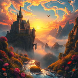 A beautifully detailed fantasy landscape featuring a majestic ancient castle atop a cliff overlooking a shimmering enchanted forest, with a vibrant sunset casting warm hues across the sky