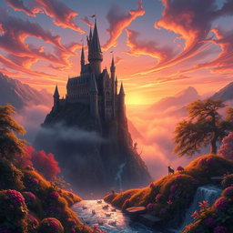 A beautifully detailed fantasy landscape featuring a majestic ancient castle atop a cliff overlooking a shimmering enchanted forest, with a vibrant sunset casting warm hues across the sky