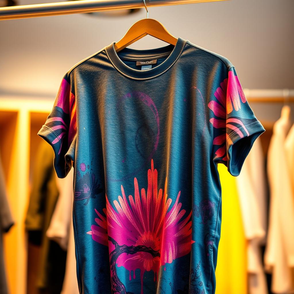A stylish t-shirt displayed elegantly on a clothing rack, showcasing vibrant colors and unique patterns