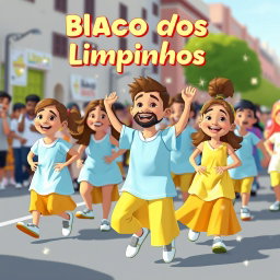 Uma apresentação divertida e colorida do "Bloco dos Limpinhos", com personagens animados e alegres vestidos em roupas de limpeza, dançando e se divertindo durante um desfile de carnaval