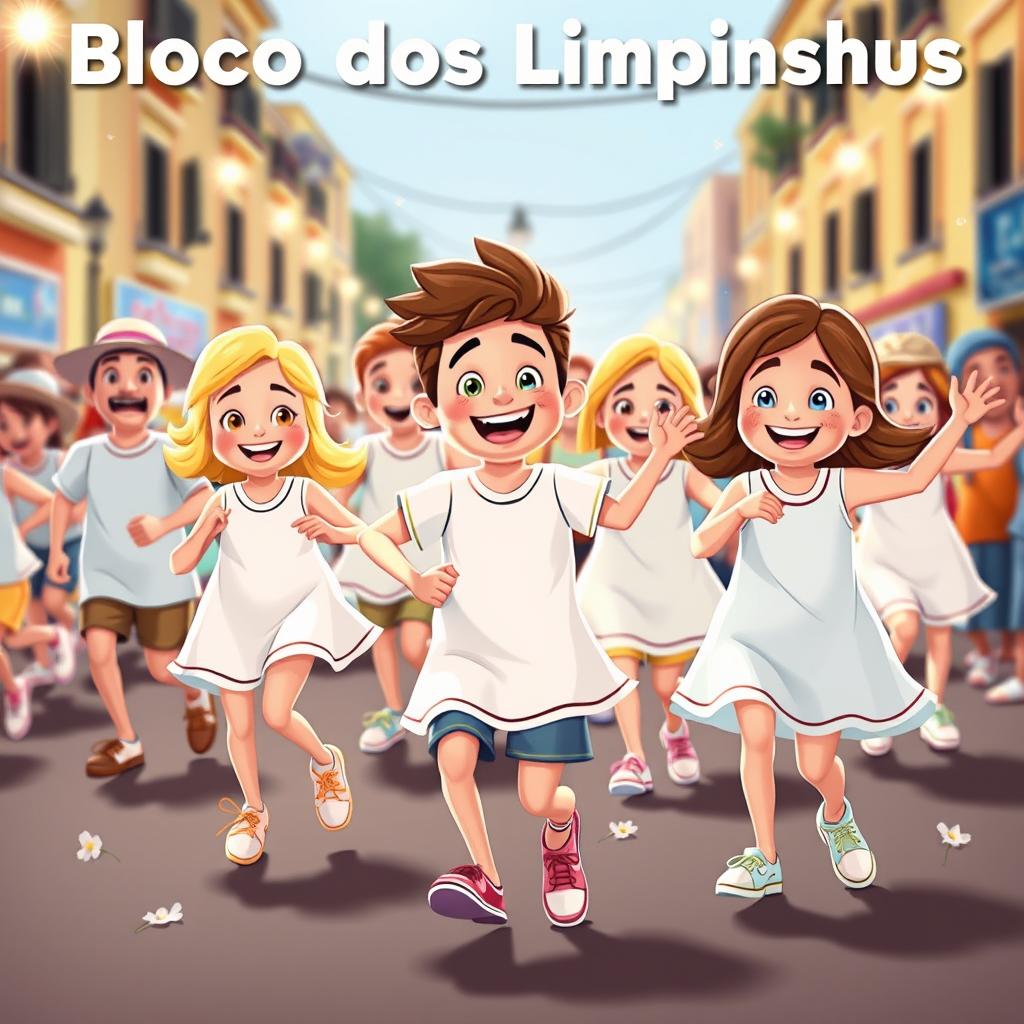 Uma apresentação divertida e colorida do "Bloco dos Limpinhos", com personagens animados e alegres vestidos em roupas de limpeza, dançando e se divertindo durante um desfile de carnaval