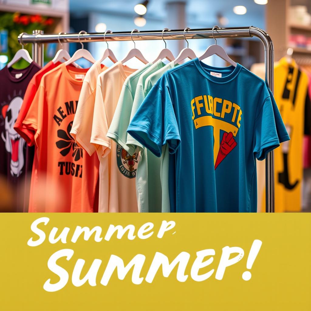 A vibrant promotional image showcasing a variety of t-shirts displayed on a stylish rack