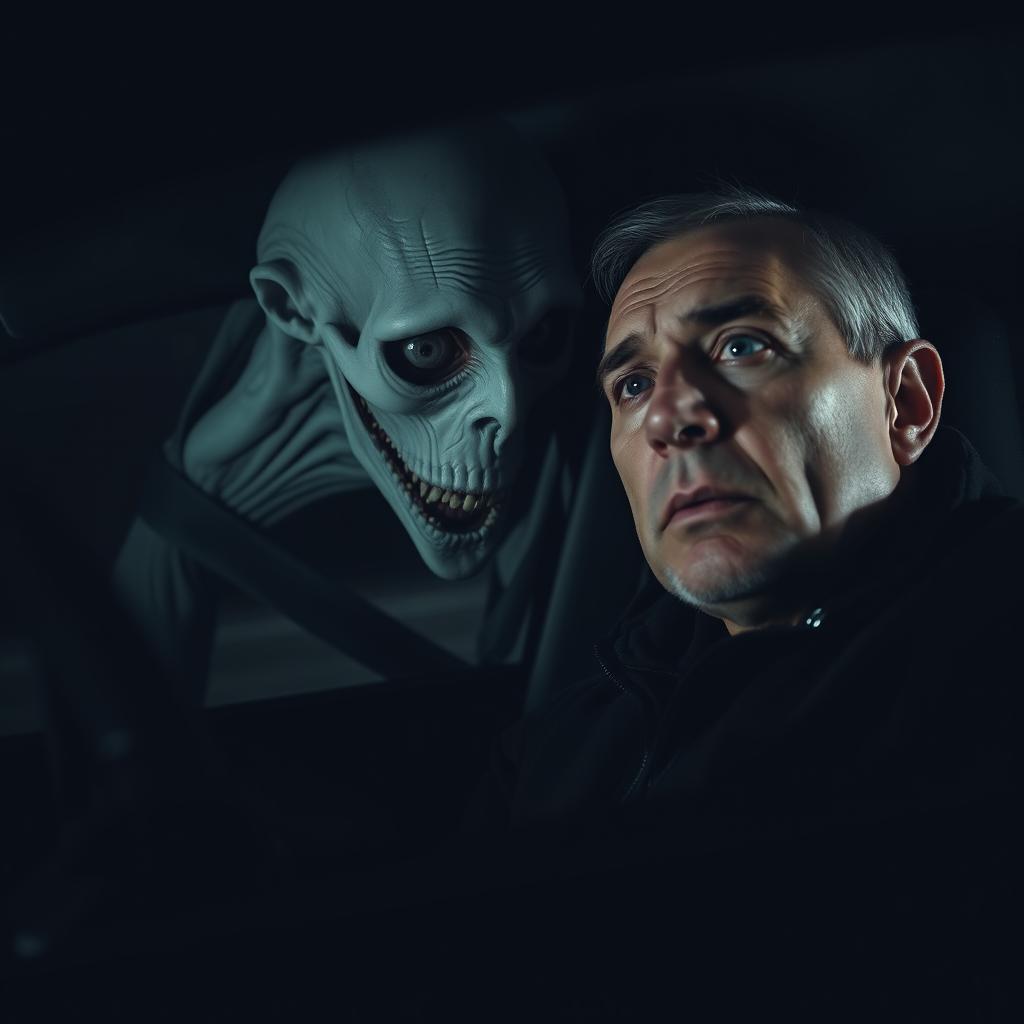 A tall, thin, pale figure with deep hollow eyes and a stitched mouth whispering in the ear of a middle-aged man through the car window, amidst the darkness of the road