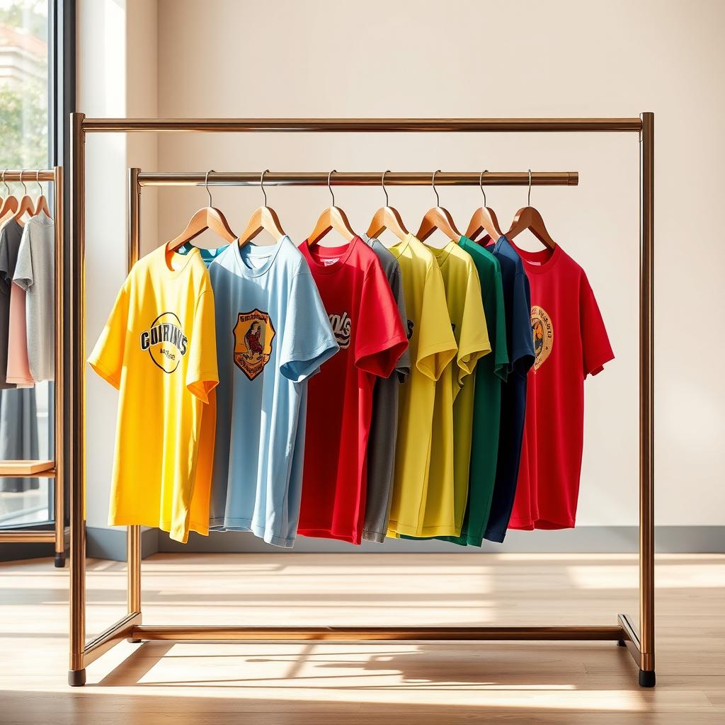 A realistic advertising image featuring several colorful t-shirts displayed neatly on a stylish clothing rack