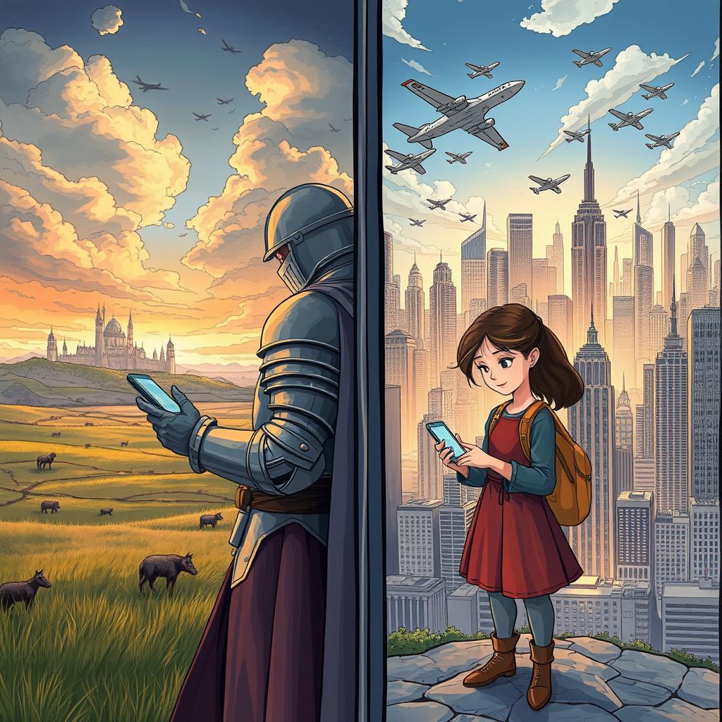 A split-scene illustration depicting two different time periods: on one side, a medieval knight in armor standing on a battlefield, looking at a futuristic phone in his hand, with a dramatic sky and distant castles in the background; on the other side, a scene of a teenage girl in a modern city filled with skyscrapers and advanced aircraft flying overhead, looking down at her phone as she communicates with the knight, both characters shown in small size to emphasize their connection across time