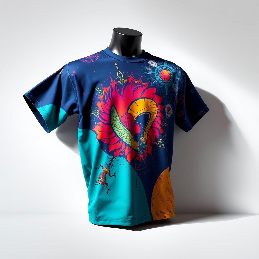 A realistic image of a t-shirt design, featuring vibrant colors and intricate patterns