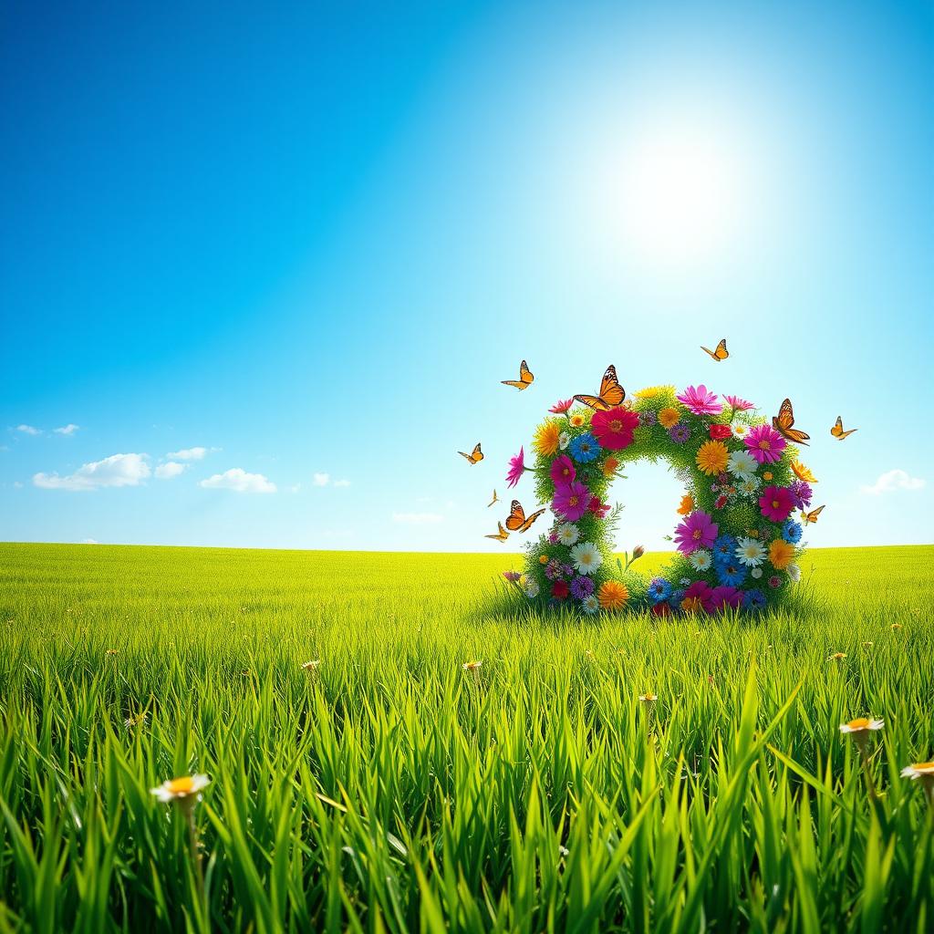 A vast meadow under a clear blue sky, featuring lush green grass swaying in the gentle breeze