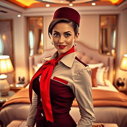 A stylish flight attendant in a luxurious bedroom setting
