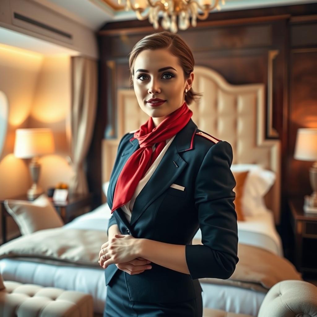 A stylish flight attendant in a luxurious bedroom setting