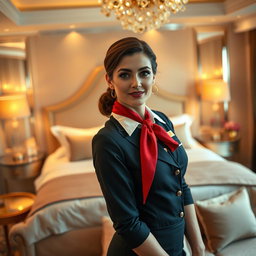 A stylish flight attendant in a luxurious bedroom setting