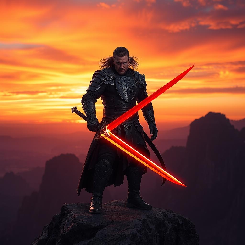 A fierce warrior standing on a rocky cliff, clutching a striking red saber sword with a gleaming blade, glowing ominously in the twilight