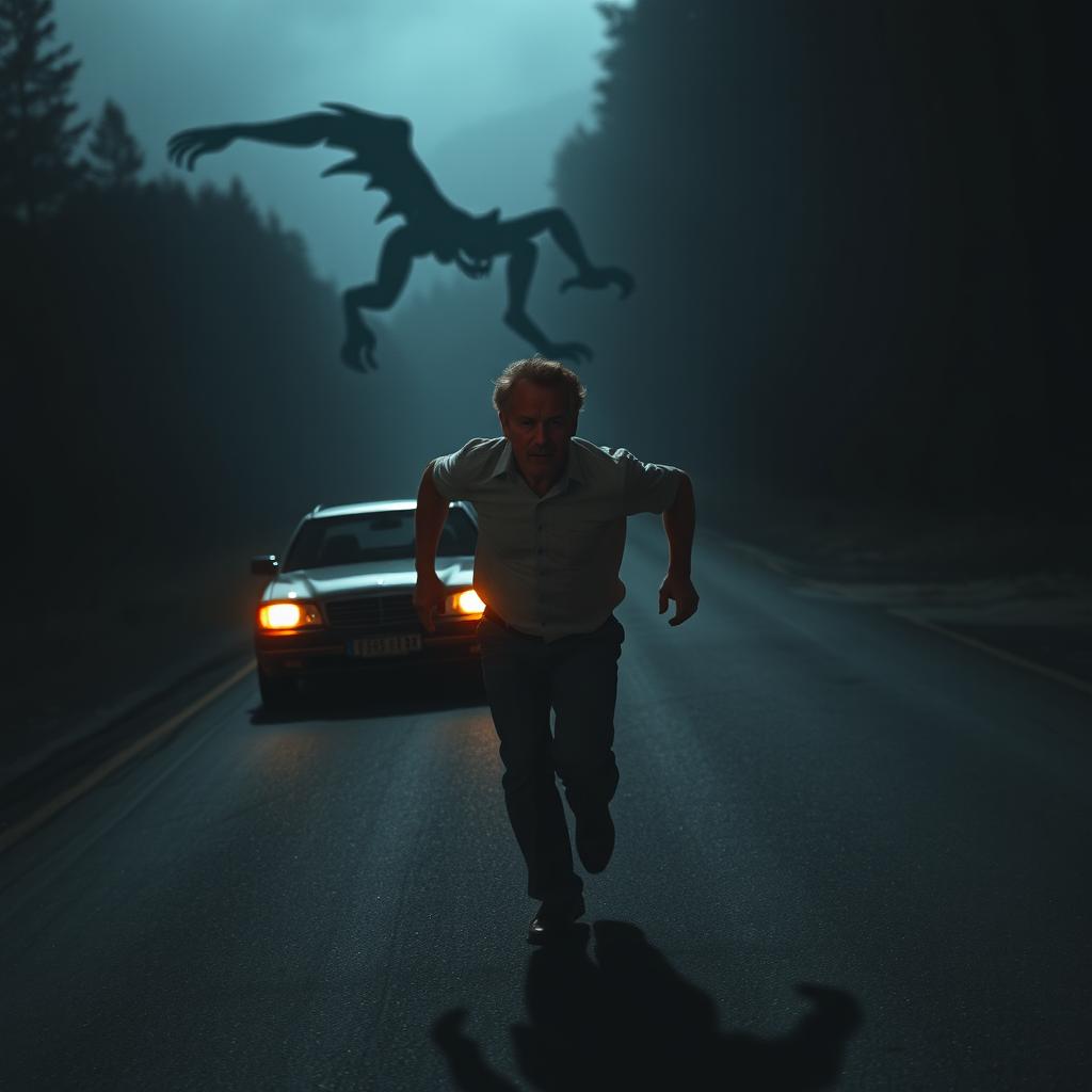 A middle-aged man running desperately down a dark road, leaving his car behind him
