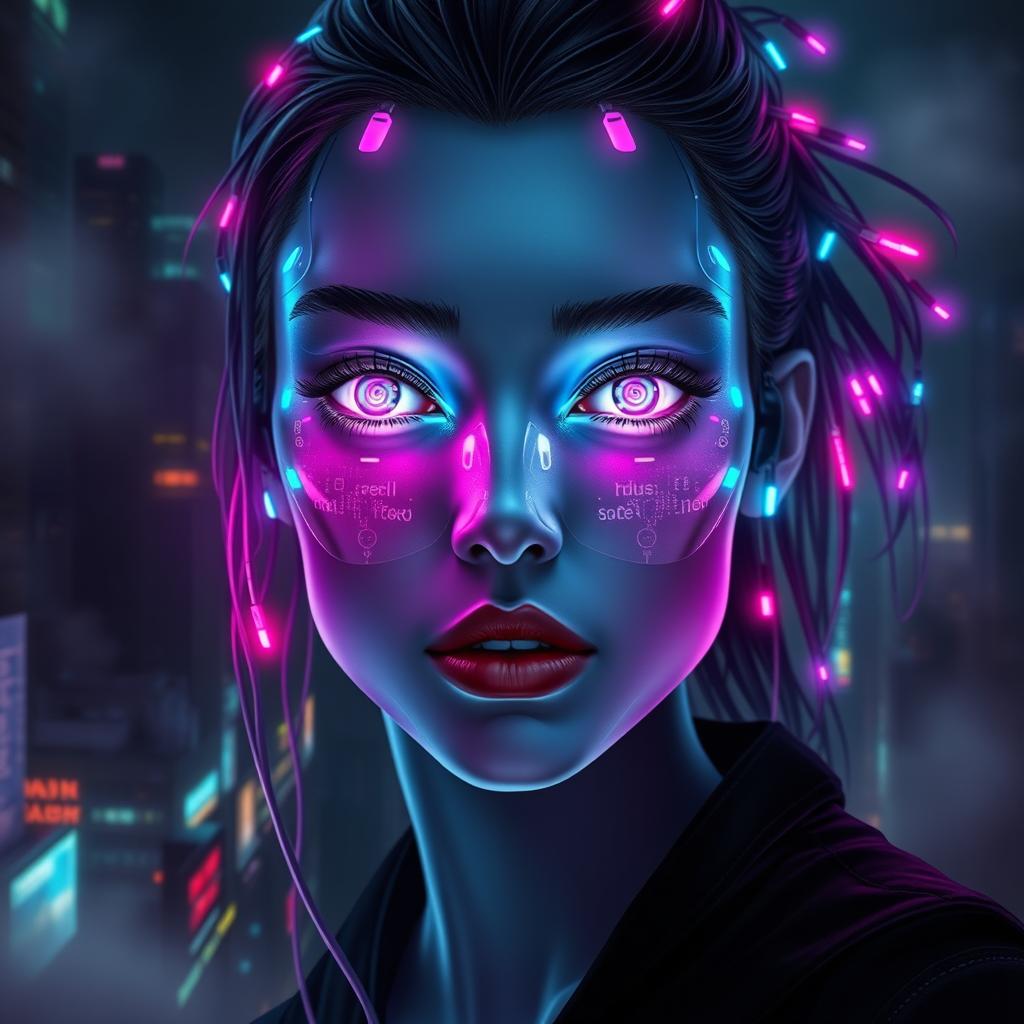 A stunning cyberpunk portrait of a human face that exhibits photorealistic features, seamlessly blending advanced technology with natural beauty