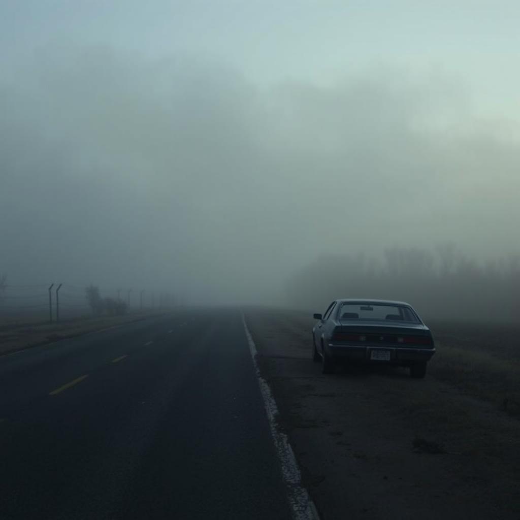 An empty road at dawn, featuring an abandoned car on the roadside