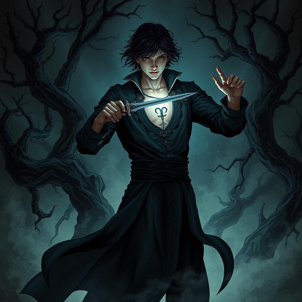 A dark fantasy illustration portraying a person in a dramatic pose, stabbing themselves through the chest with a gleaming dagger as a striking visual metaphor to reach for and stab the person behind them