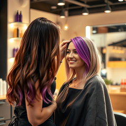 A close-up scene depicting a woman skillfully dyeing another woman's hair in a bright and inviting salon setting