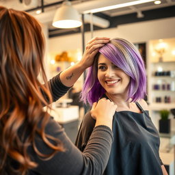 A close-up scene depicting a woman skillfully dyeing another woman's hair in a bright and inviting salon setting