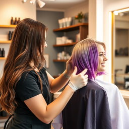 A close-up scene depicting a woman skillfully dyeing another woman's hair in a bright and inviting salon setting