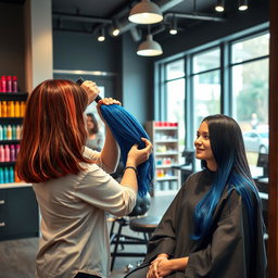 A vibrant and engaging scene of a woman dyeing another woman's hair in a contemporary, stylish salon