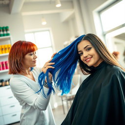 A vibrant and engaging scene of a woman dyeing another woman's hair in a contemporary, stylish salon