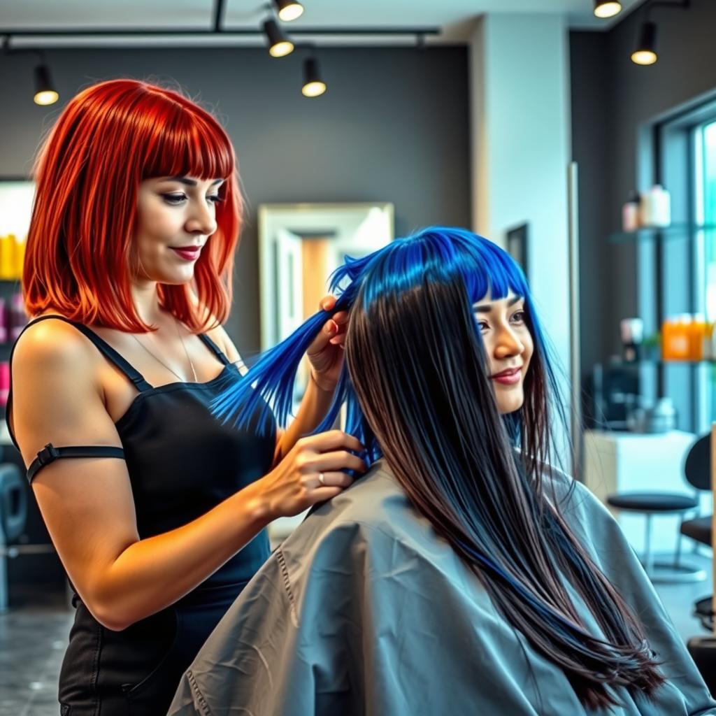 A vibrant and engaging scene of a woman dyeing another woman's hair in a contemporary, stylish salon