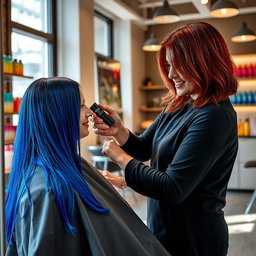 A vibrant and engaging scene of a woman dyeing another woman's hair in a contemporary, stylish salon