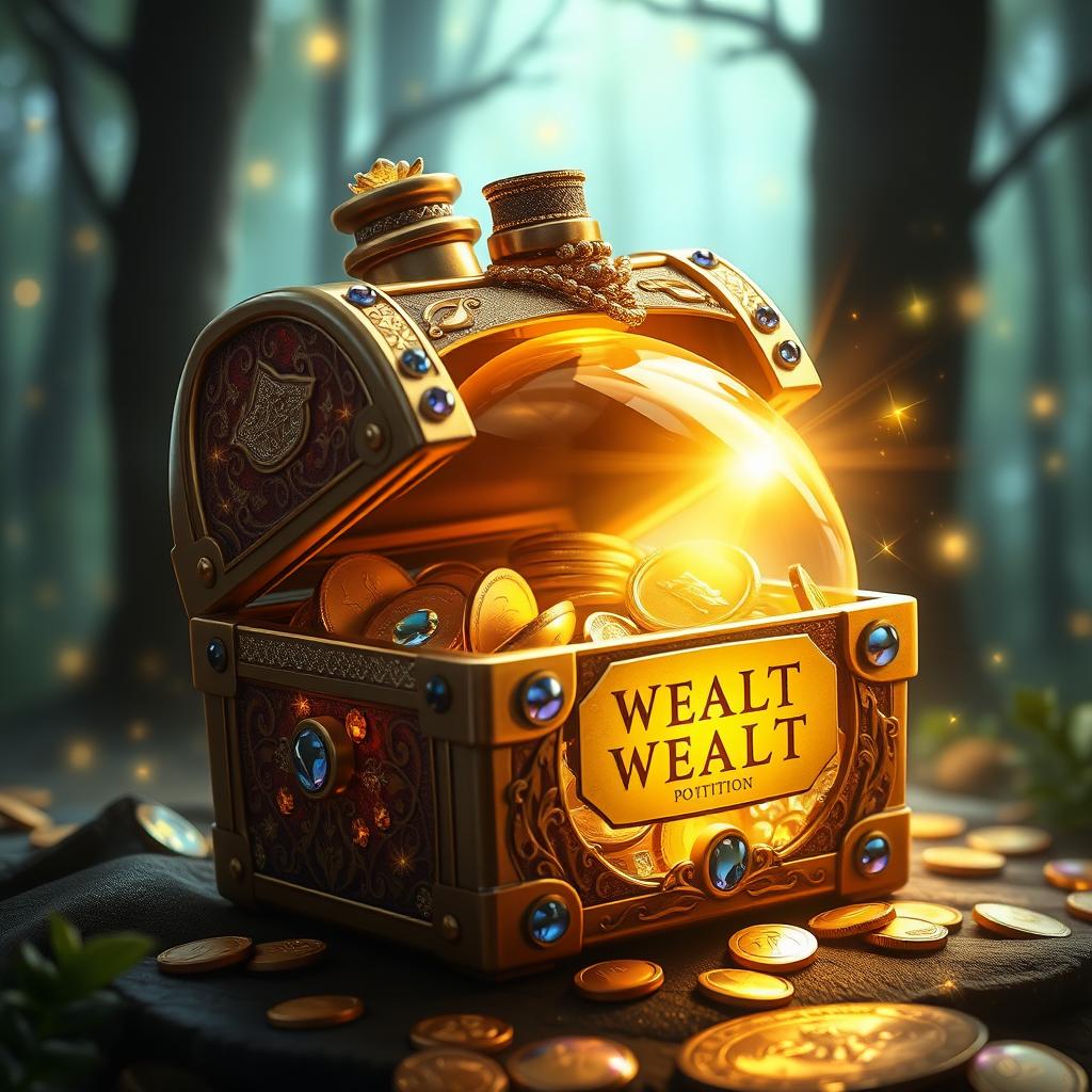 A magical potion labeled 'Essence of Wealth', elegantly designed with sparkling gold and jeweled accents