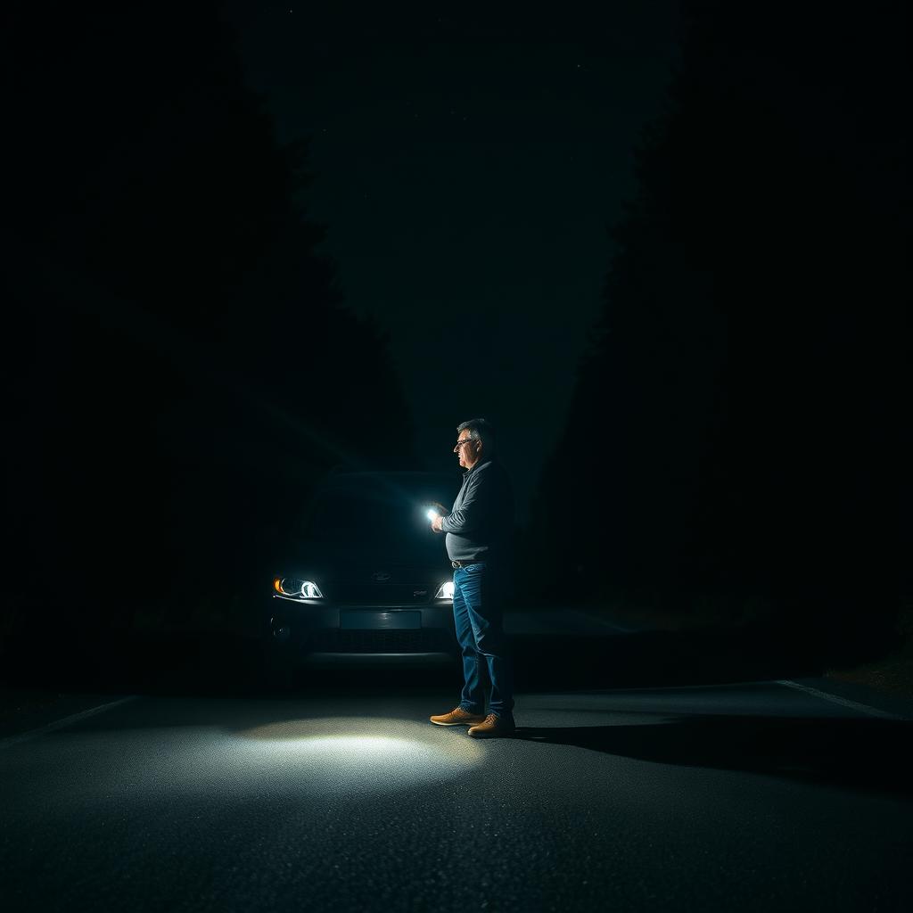 A middle-aged man standing next to his car with the hood open on an empty, dark road