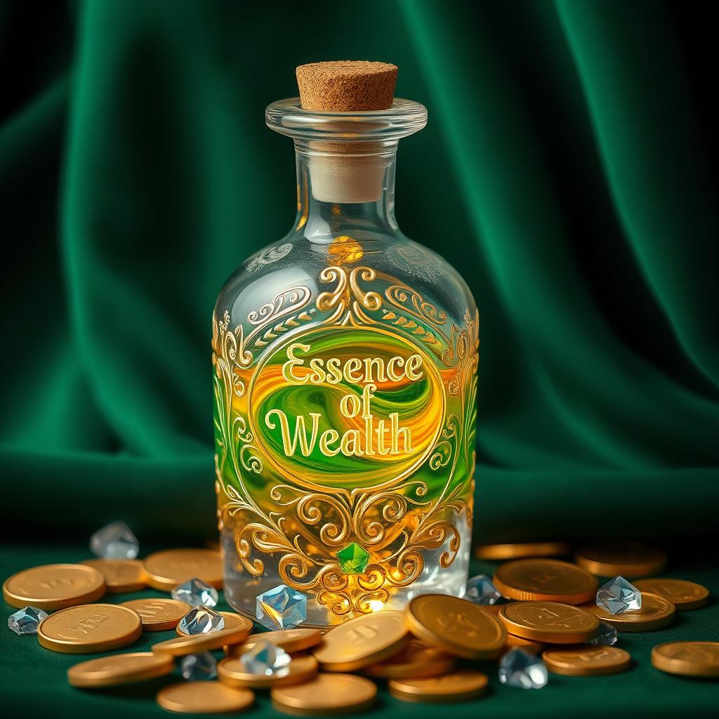 A beautifully crafted glass potion vial containing the 'Essence of Wealth'