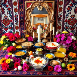 A beautifully arranged traditional Iranian Haft-Seen table, symbolizing the Persian New Year, Nowruz