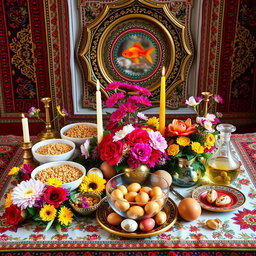 A beautifully arranged traditional Iranian Haft-Seen table, symbolizing the Persian New Year, Nowruz