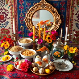 A beautifully arranged traditional Iranian Haft-Seen table, symbolizing the Persian New Year, Nowruz