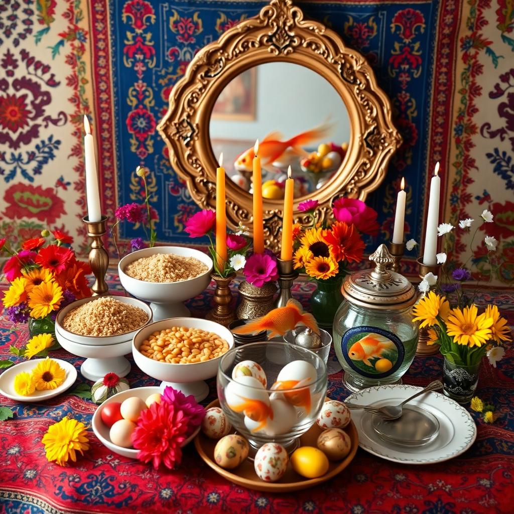 A beautifully arranged traditional Iranian Haft-Seen table, symbolizing the Persian New Year, Nowruz