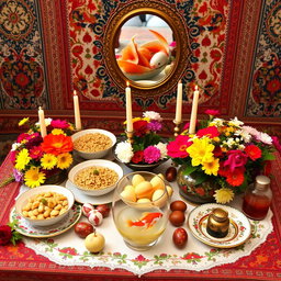 A beautifully arranged traditional Iranian Haft-Seen table, symbolizing the Persian New Year, Nowruz