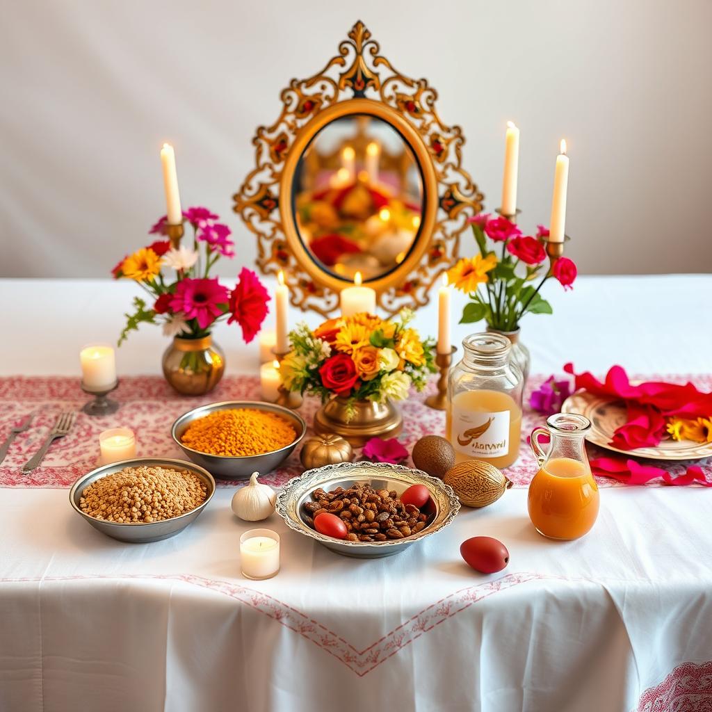 An elegantly arranged Persian Haft-Seen table setting, featuring a vibrant assortment of traditional elements