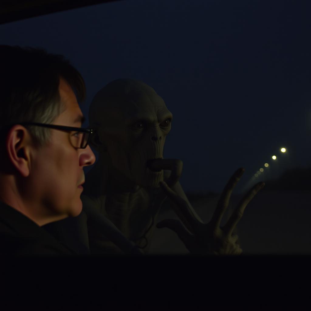 A middle-aged man gazing into the foggy glass of his car window while driving along an empty, dark road during the midnight hours