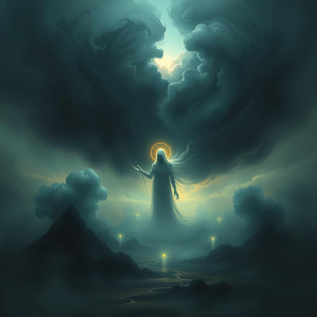 A mystical scene depicting a ghostly figure with long flowing hair and a halo, amidst a dark, ethereal landscape