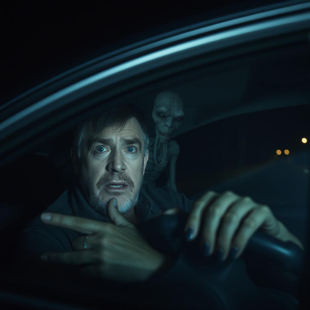 A middle-aged man, visibly frightened, gazes into the foggy glass of his car window while driving along an empty, dark road during the midnight hours