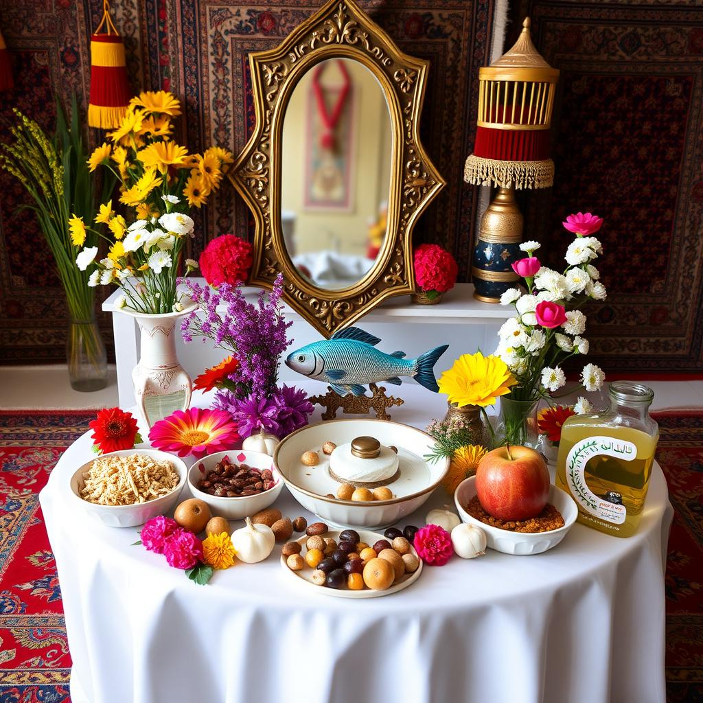 A beautifully arranged Haft-Seen table, a traditional Iranian New Year display featuring seven symbolic items