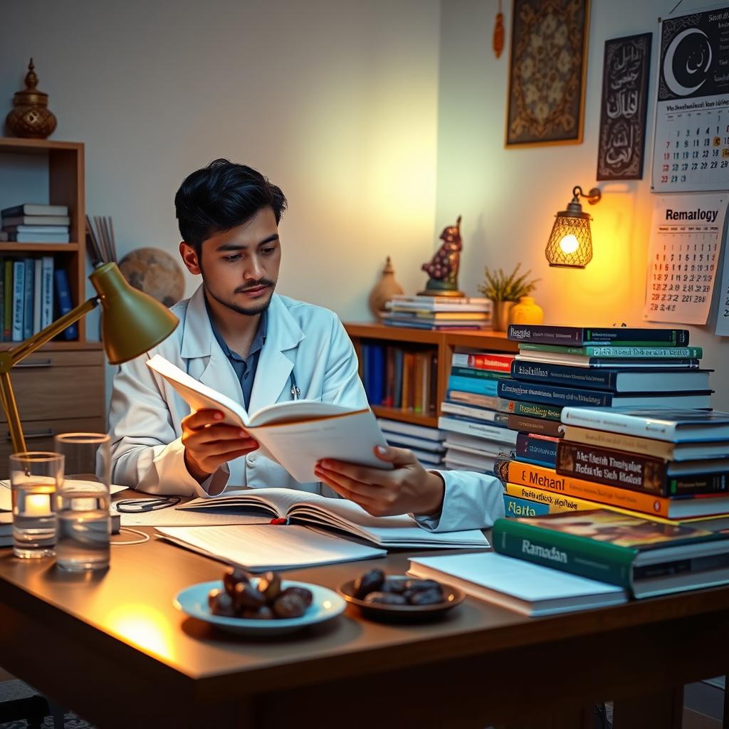 A dedicated medical student studying for their dermatology exam during Ramadan, surrounded by textbooks and notes