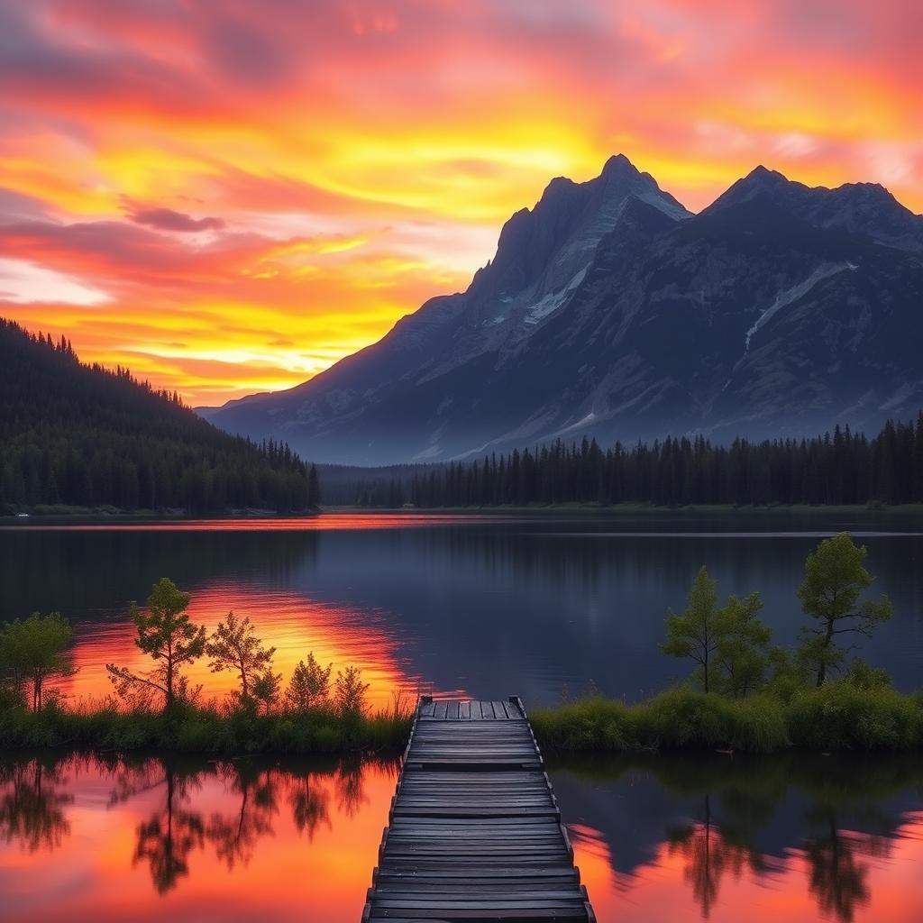 A tranquil, serene landscape featuring a majestic mountain range during sunset