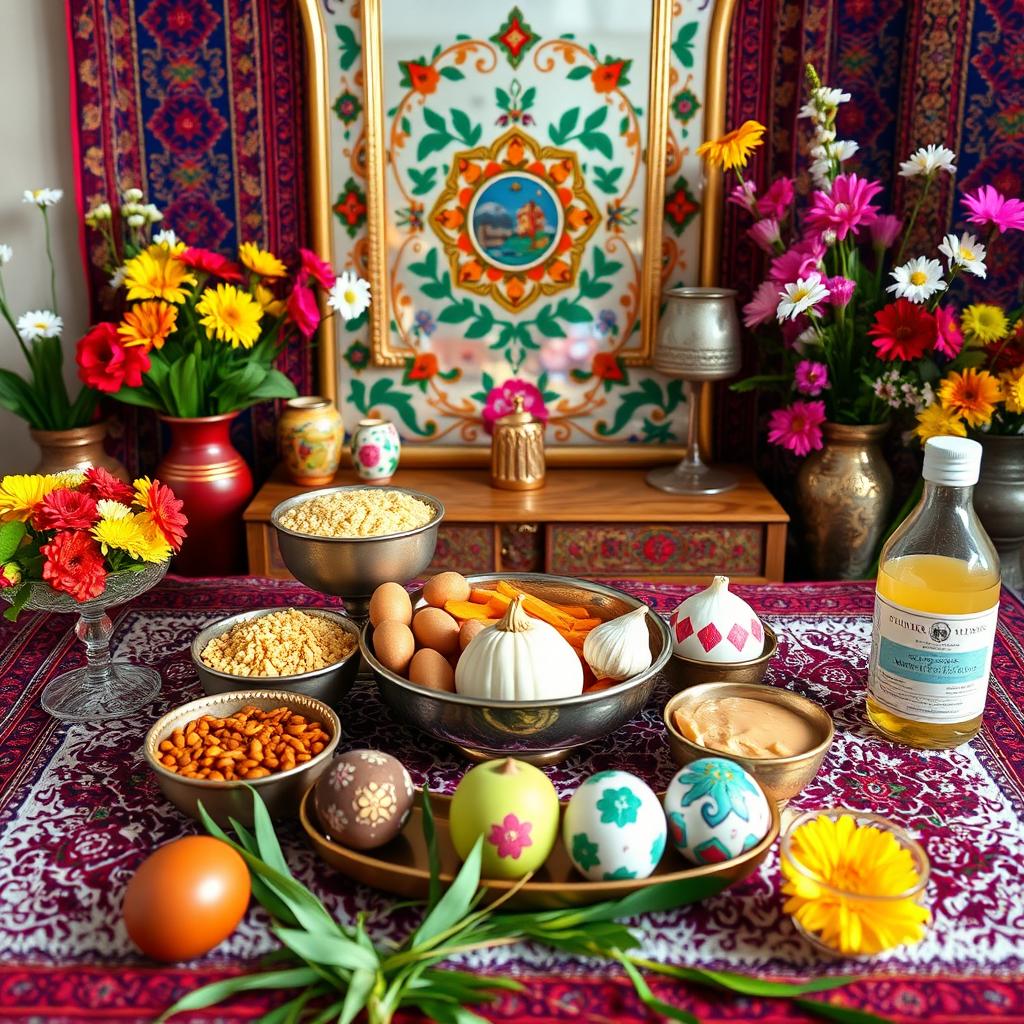 A beautifully arranged Haft-Seen table, a traditional Iranian New Year setup showcasing seven symbolic items that represent prosperity and rebirth